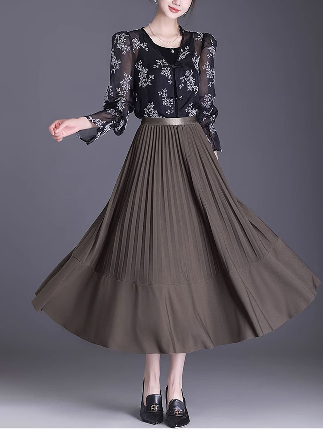 

LULU & SKY Accordion Pleated Flared Midi Skirt, Charcoal