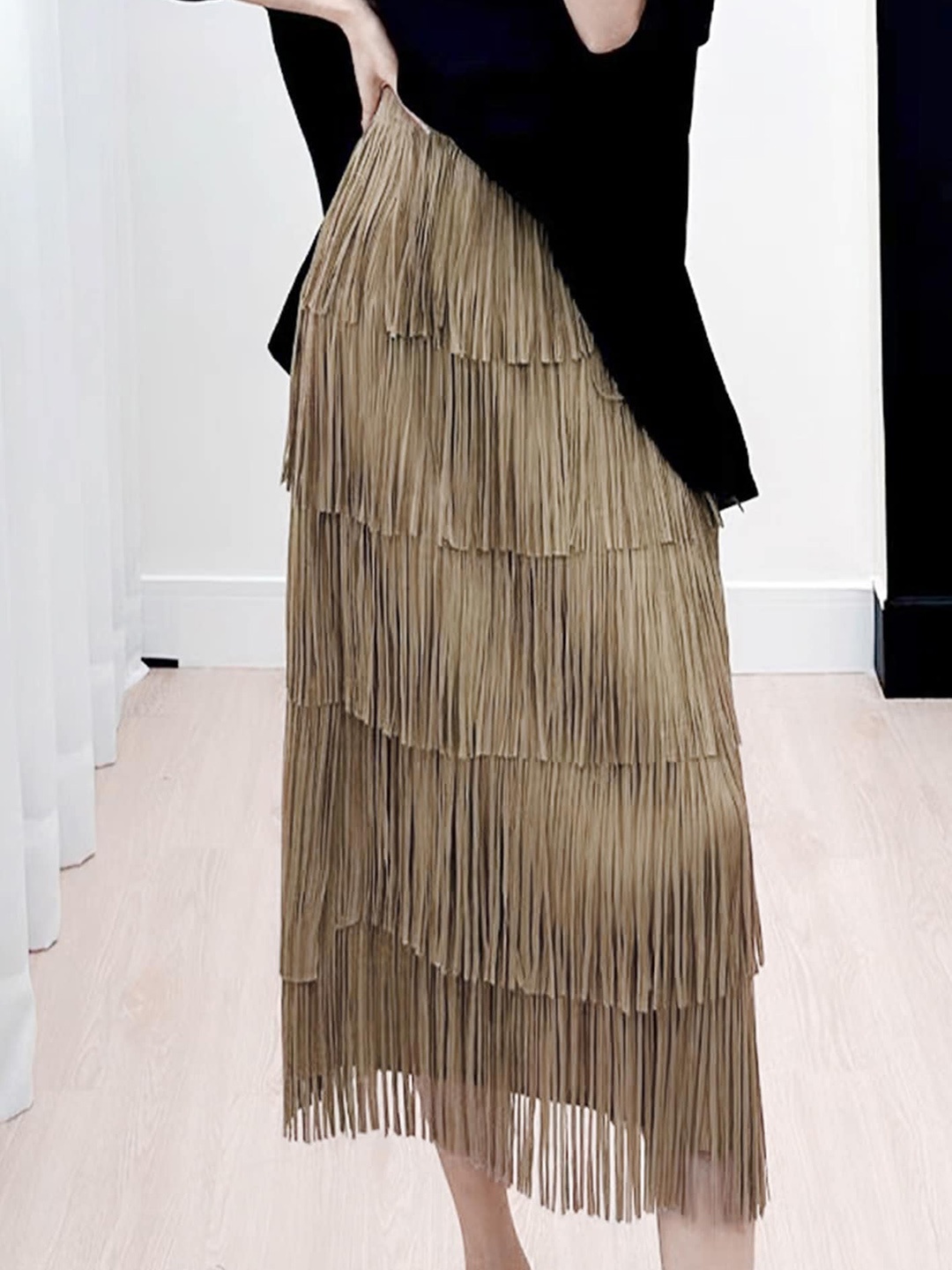 

LULU & SKY Fringed A-Line Midi Skirt, Khaki