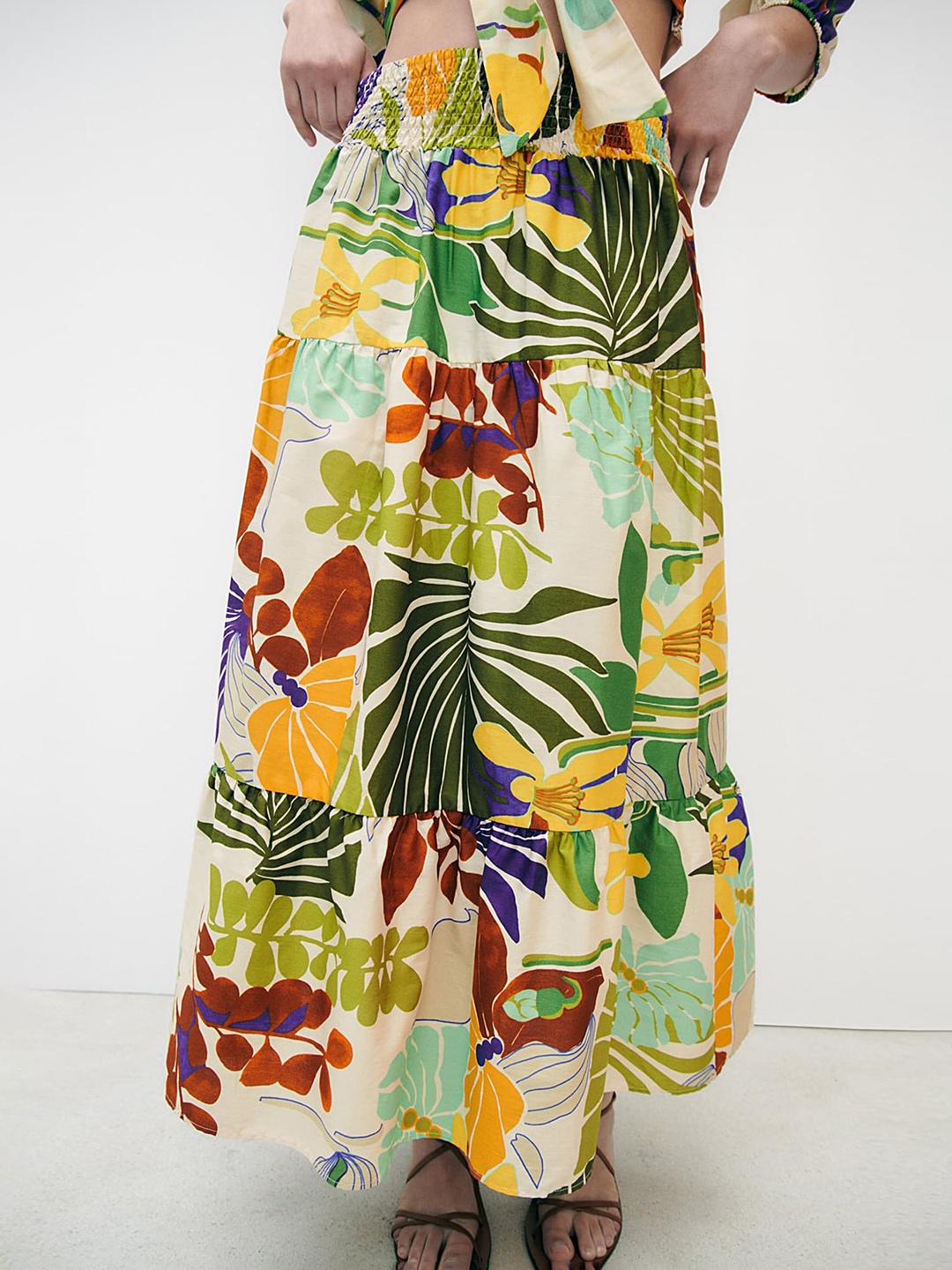 LULU & SKY Tropical Printed Tiered Maxi Skirt, Green