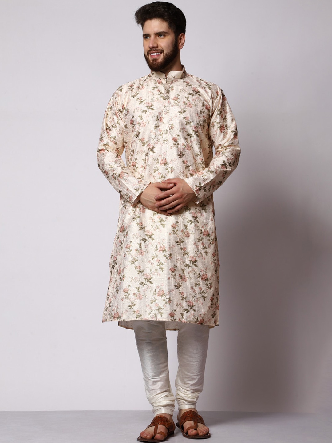 

MAG Floral Printed Regular Sequinned Kurta with Churidar, Beige