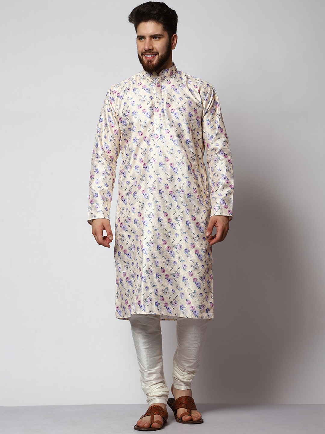 

MAG Floral Printed Regular Sequinned Kurta with Churidar, Gold