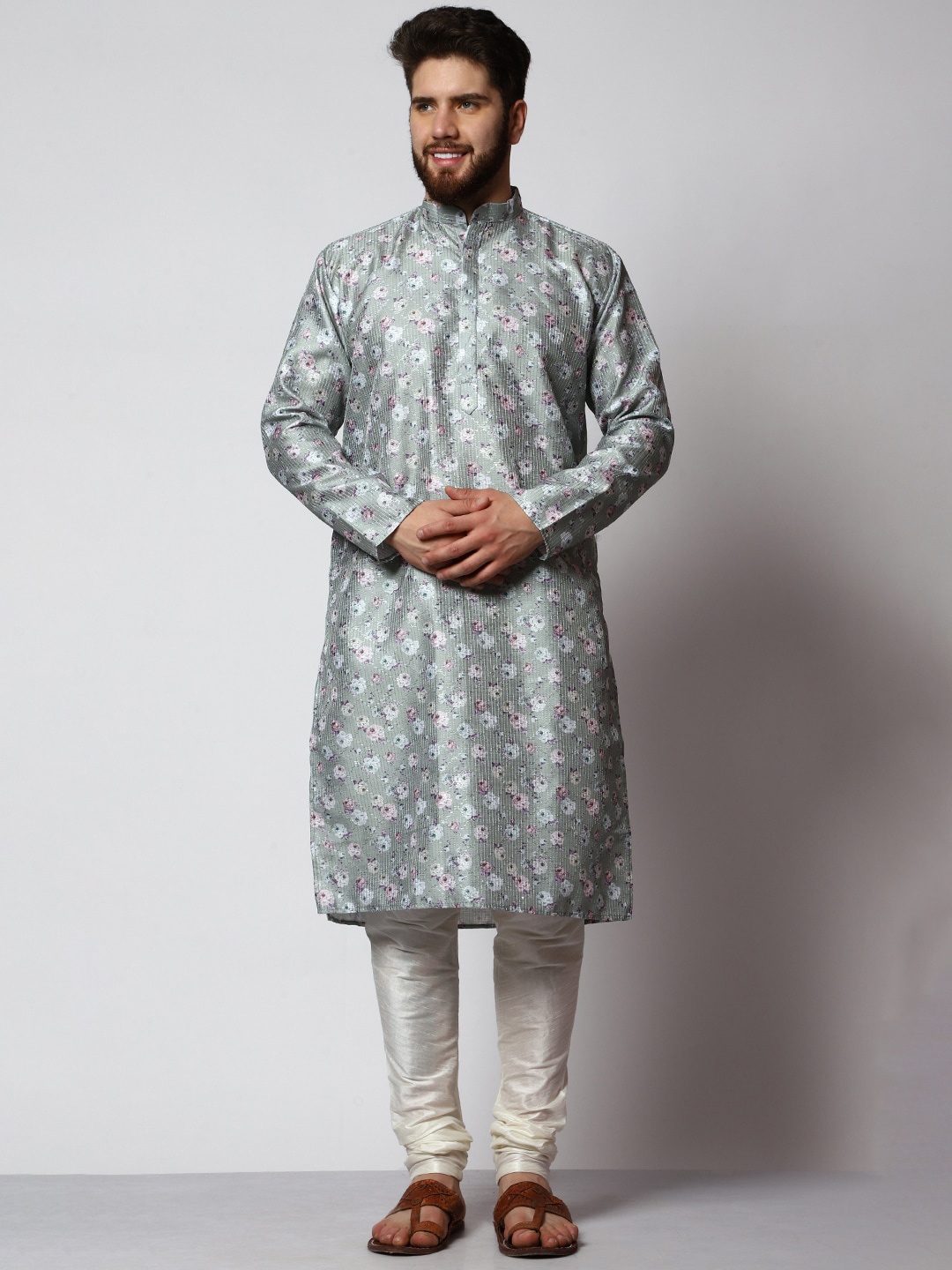 

MAG Ethnic Motifs Printed Regular Thread Work Dupion Silk Kurta With Churidar, Grey