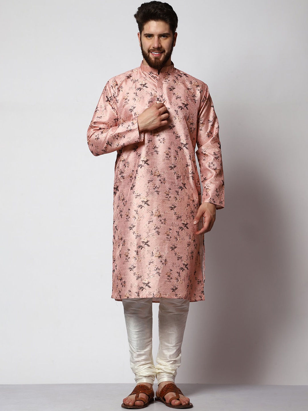 MAG Men Orange Floral Embroidered Regular Thread Work Kurta with Churidar