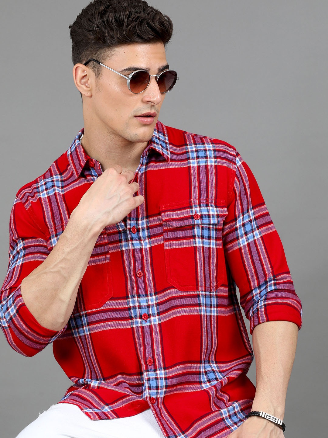 

HERE&NOW Tartan Checks Flannel Spread Collar Long Sleeve Cotton Casual Shirt, Red