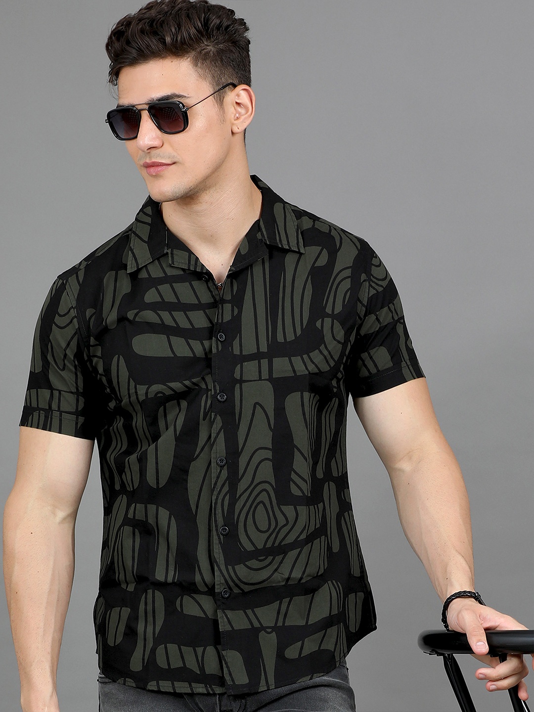 

HERE&NOW Abstract Printed Cotton Casual Shirt, Green