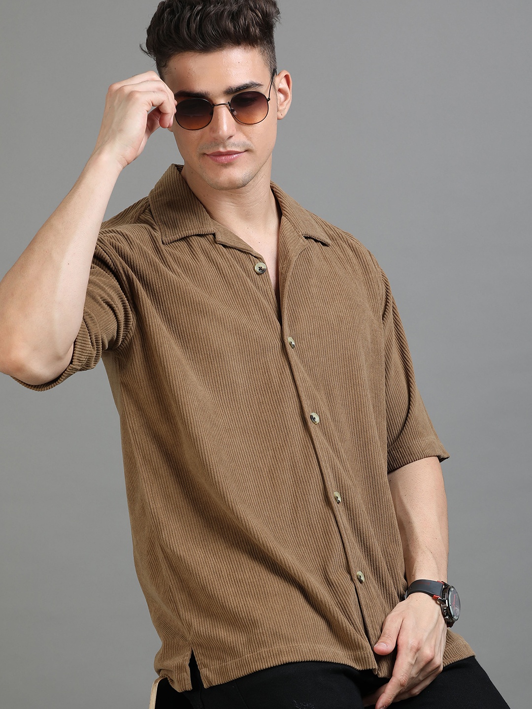 

HERE&NOW Cuban Collar Oversized Corduroy Casual Shirt, Brown