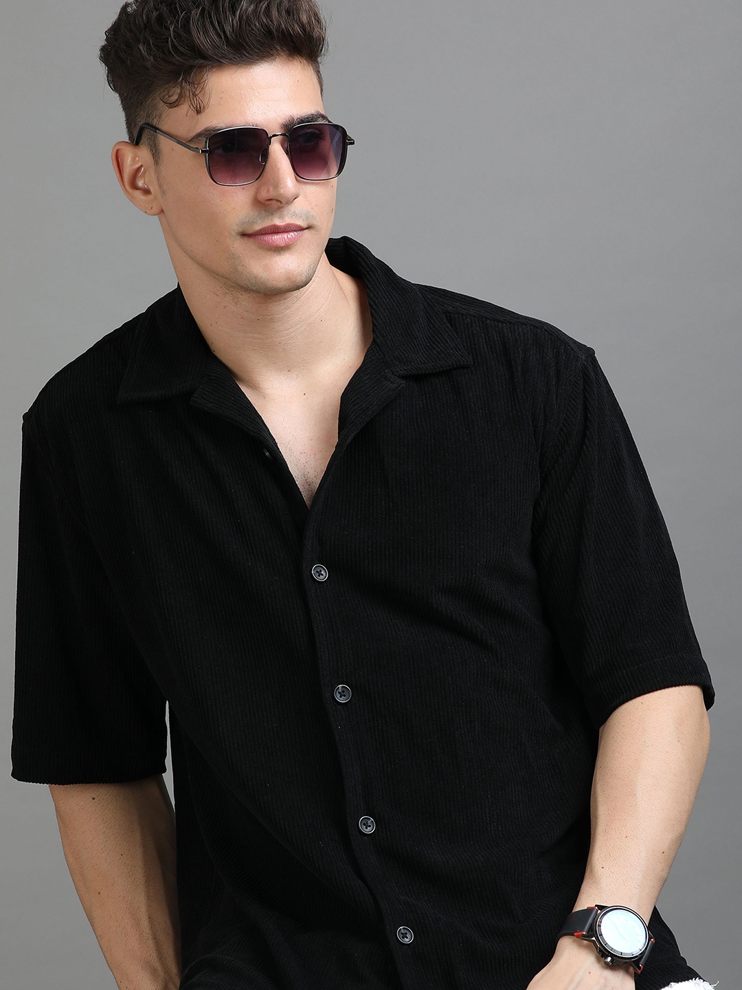 

HERE&NOW Oversized Corduroy Casual Shirt, Black