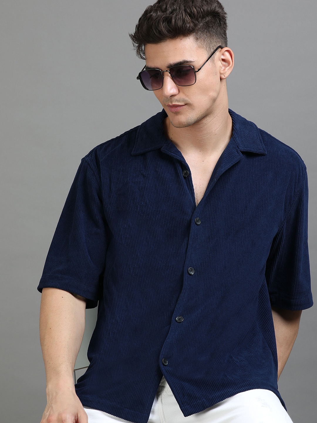 

HERE&NOW Oversized Ribbed Corduroy Casual Shirt, Blue