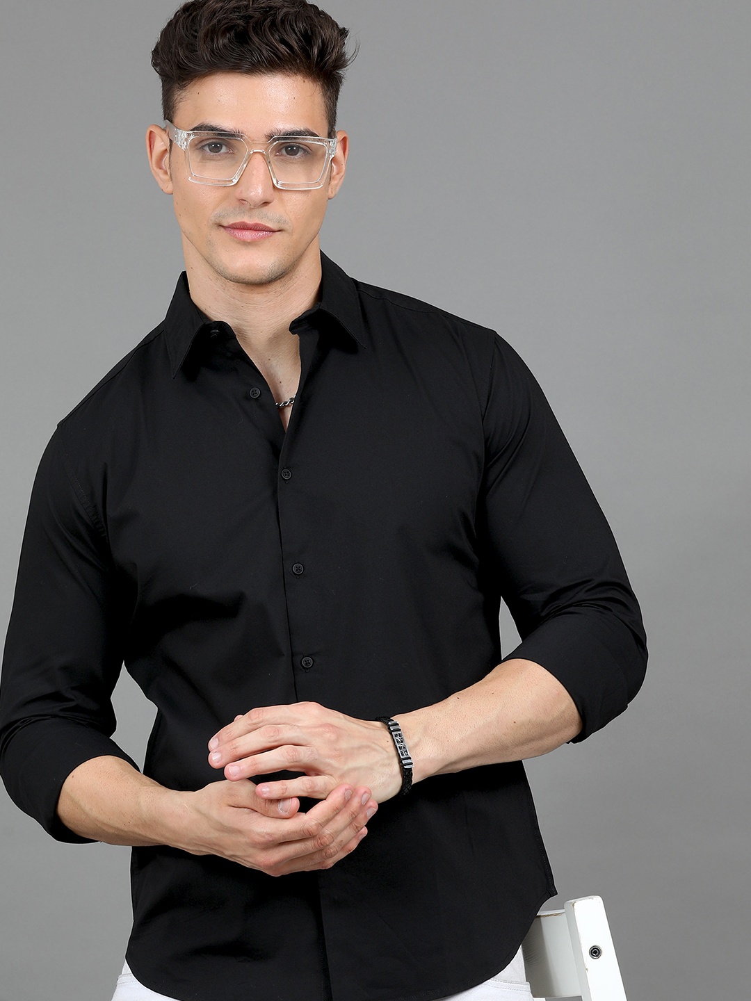 

HERE&NOW Slim Fit Cotton Casual Shirt, Black