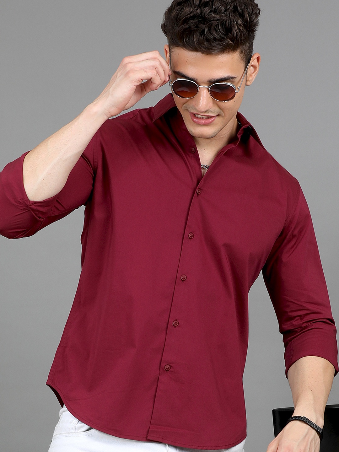 

HERE&NOW Slim Fit Spread Collar Long Sleeve Cotton Casual Shirt, Maroon