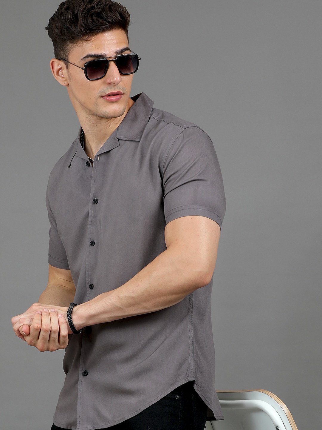 

HERE&NOW Slim Fit Cuban Collar Short Sleeves Casual Shirt, Grey