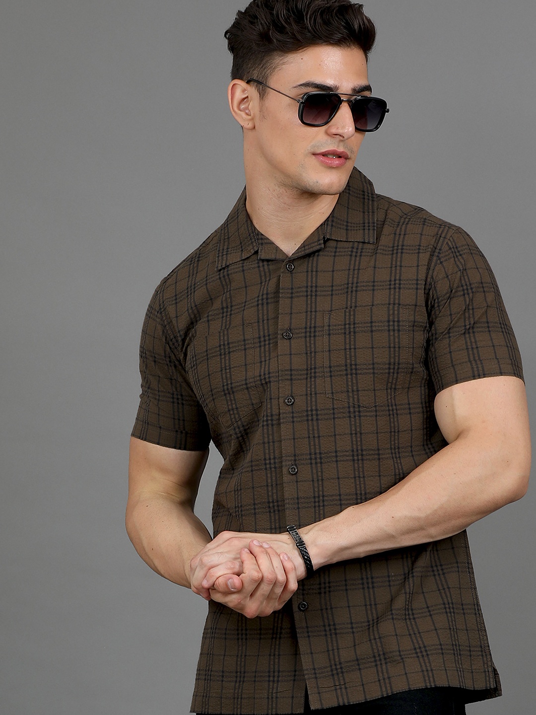 

HERE&NOW Tartan Checked Slim Fit Cotton Casual Shirt, Brown