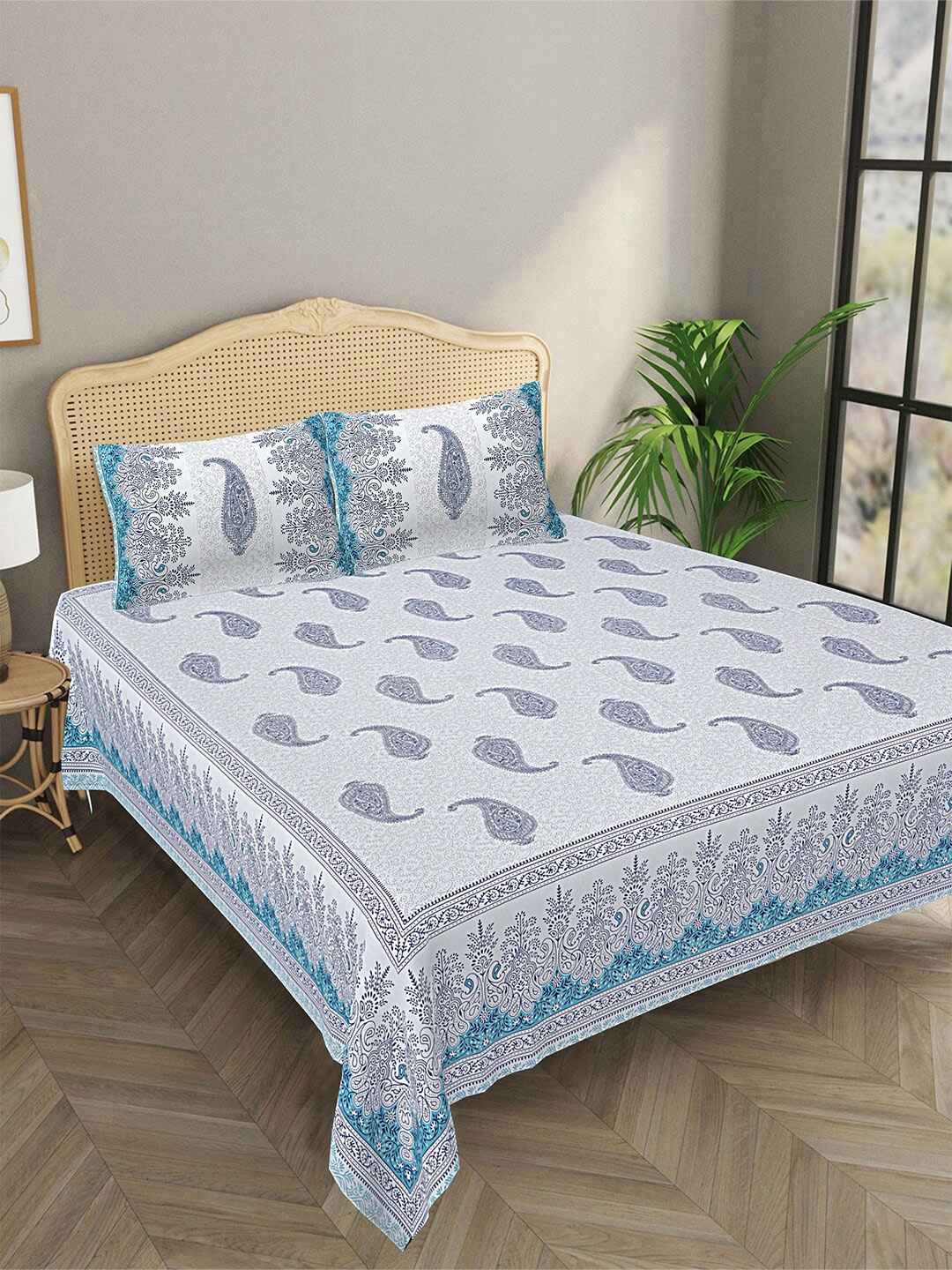 

LIVING ROOTS Double King Size Jaipur Block Print Cotton Double Bedsheet & 2 Pillow Covers, White