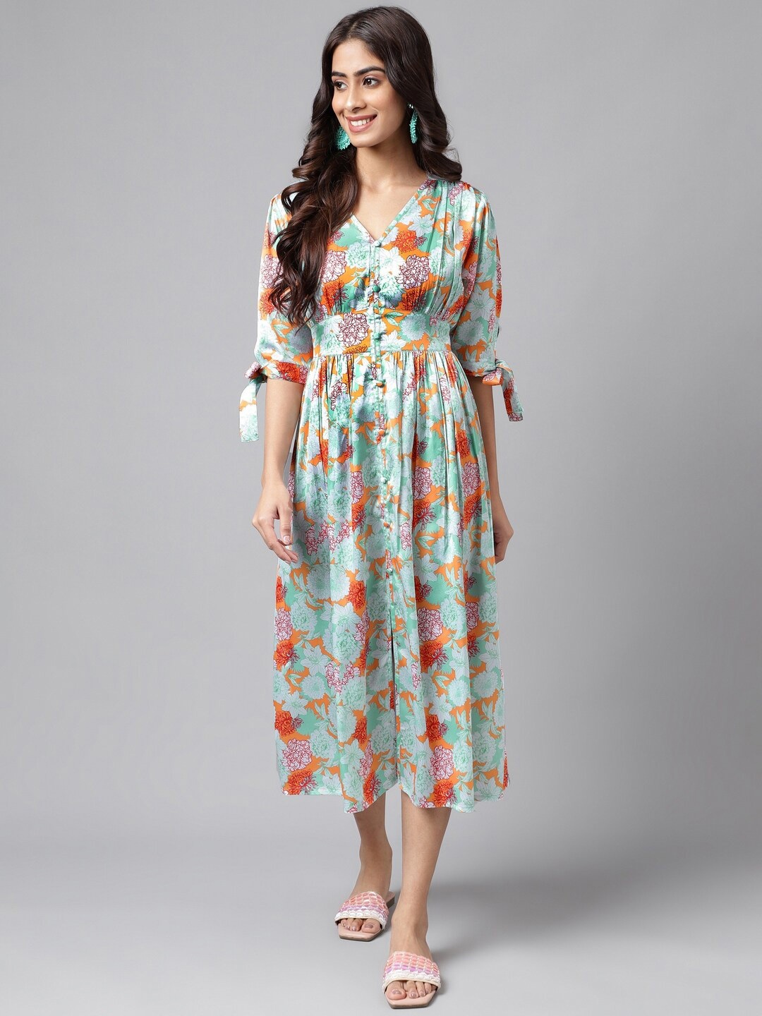 

Janasya Floral Printed V-Neck Silk Satin Empire Midi Dress, Orange