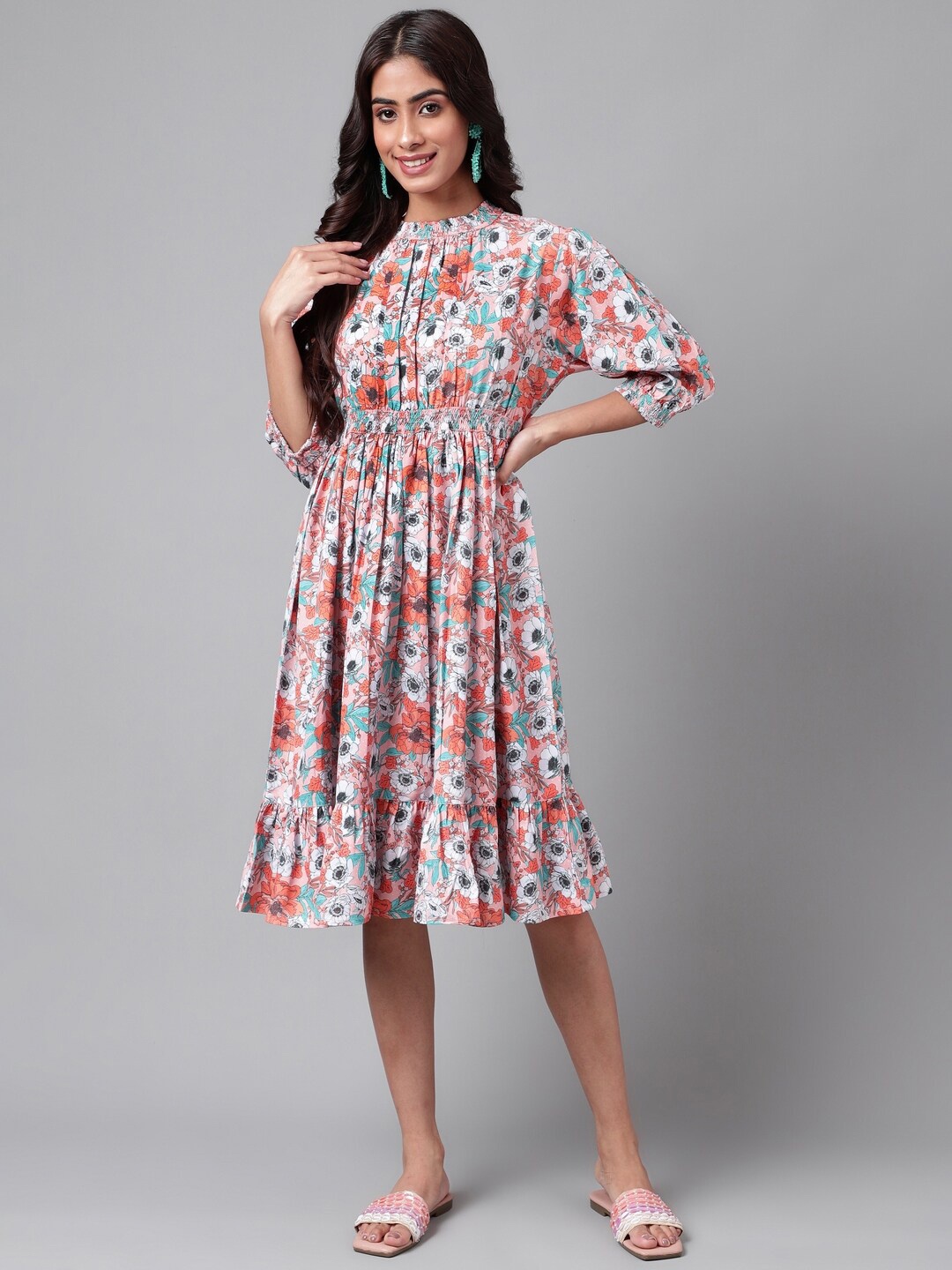 

Janasya Floral Printed Fit And Flare Knee Length Dress, Orange