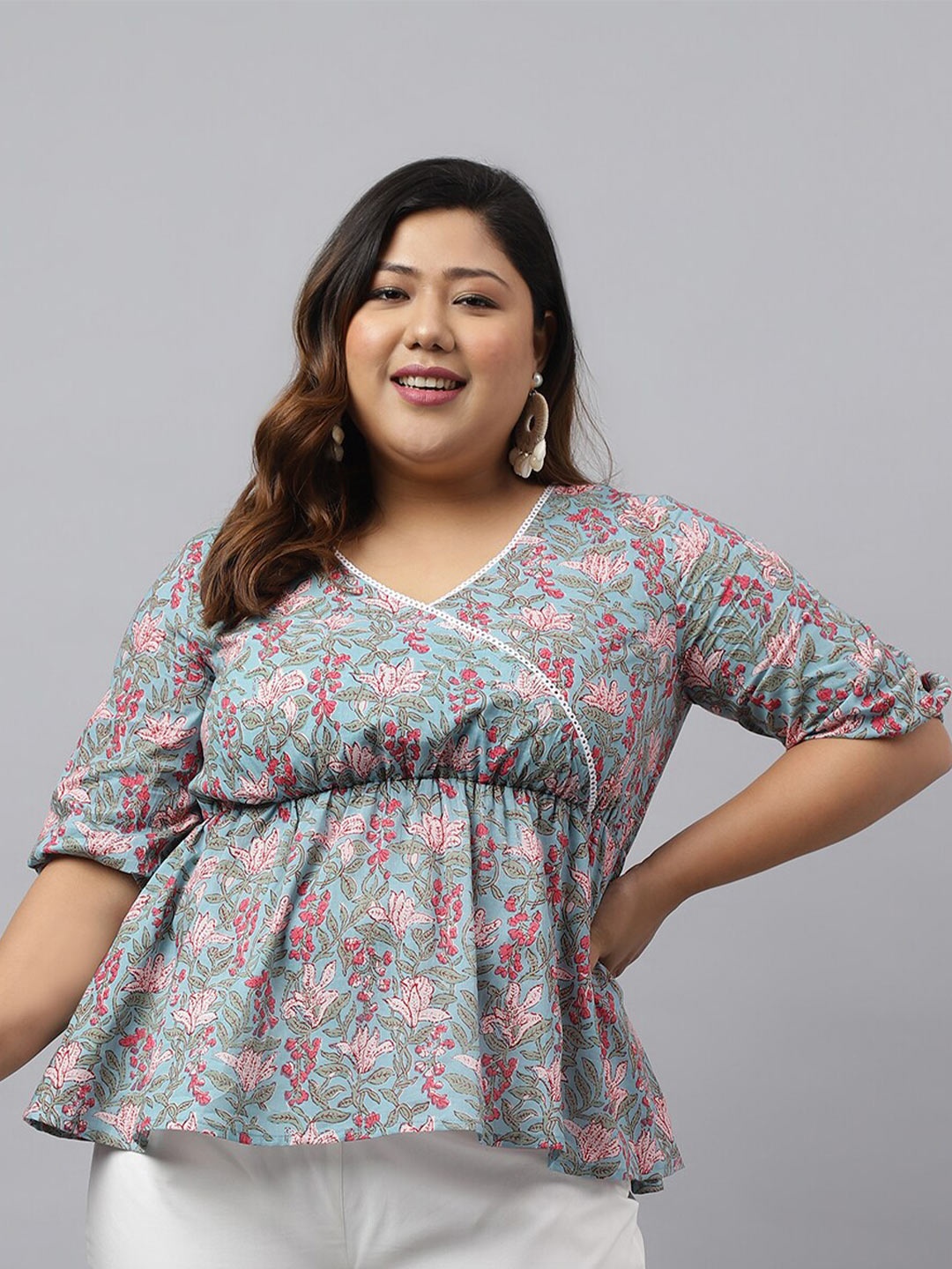 

Janasya Plus Size Floral Printed V-Neck Cotton Peplum Top, Blue