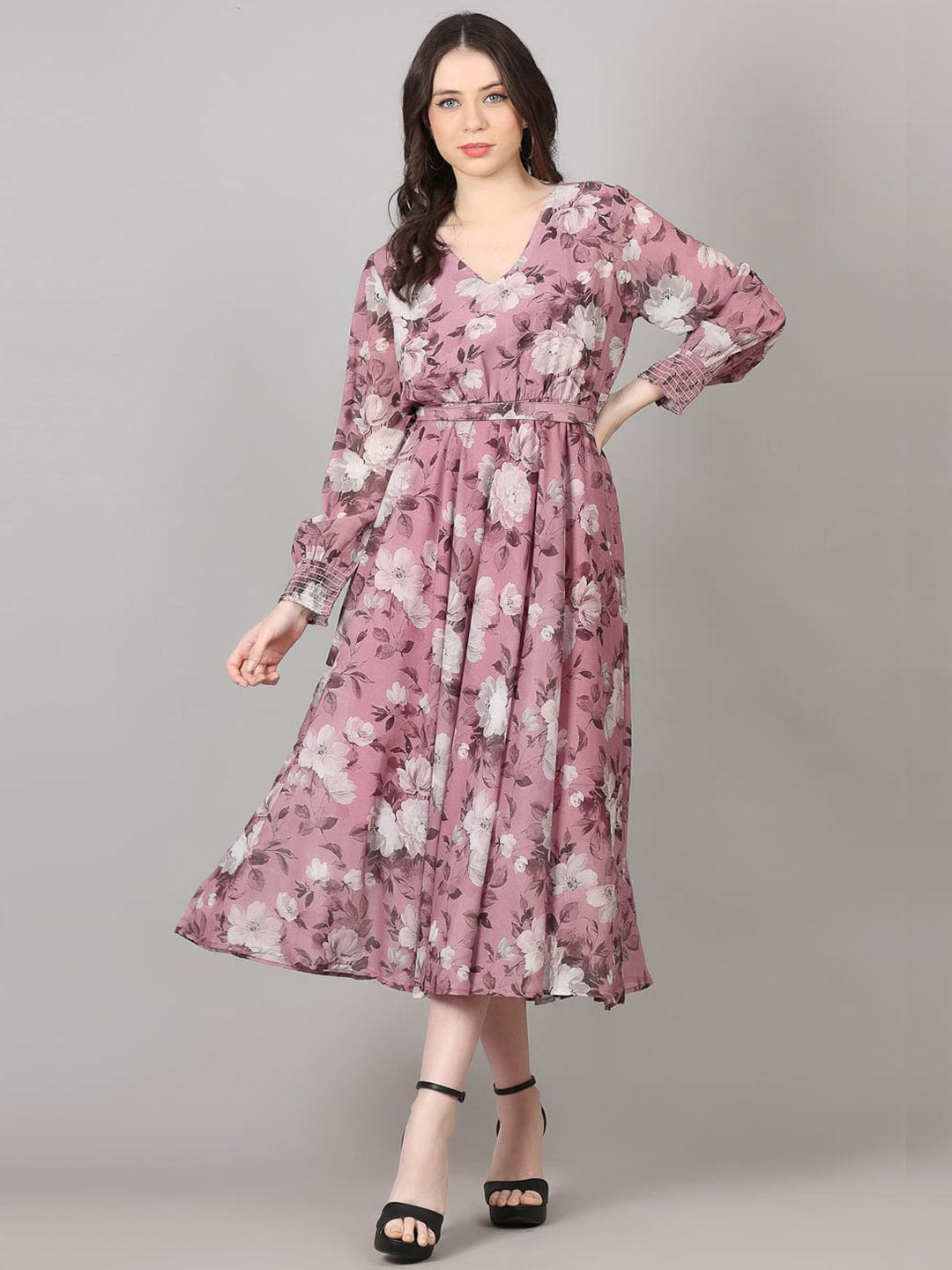 

pinfit Floral Printed V Neck Puff Sleeve Midi A-Line Dress, Brown