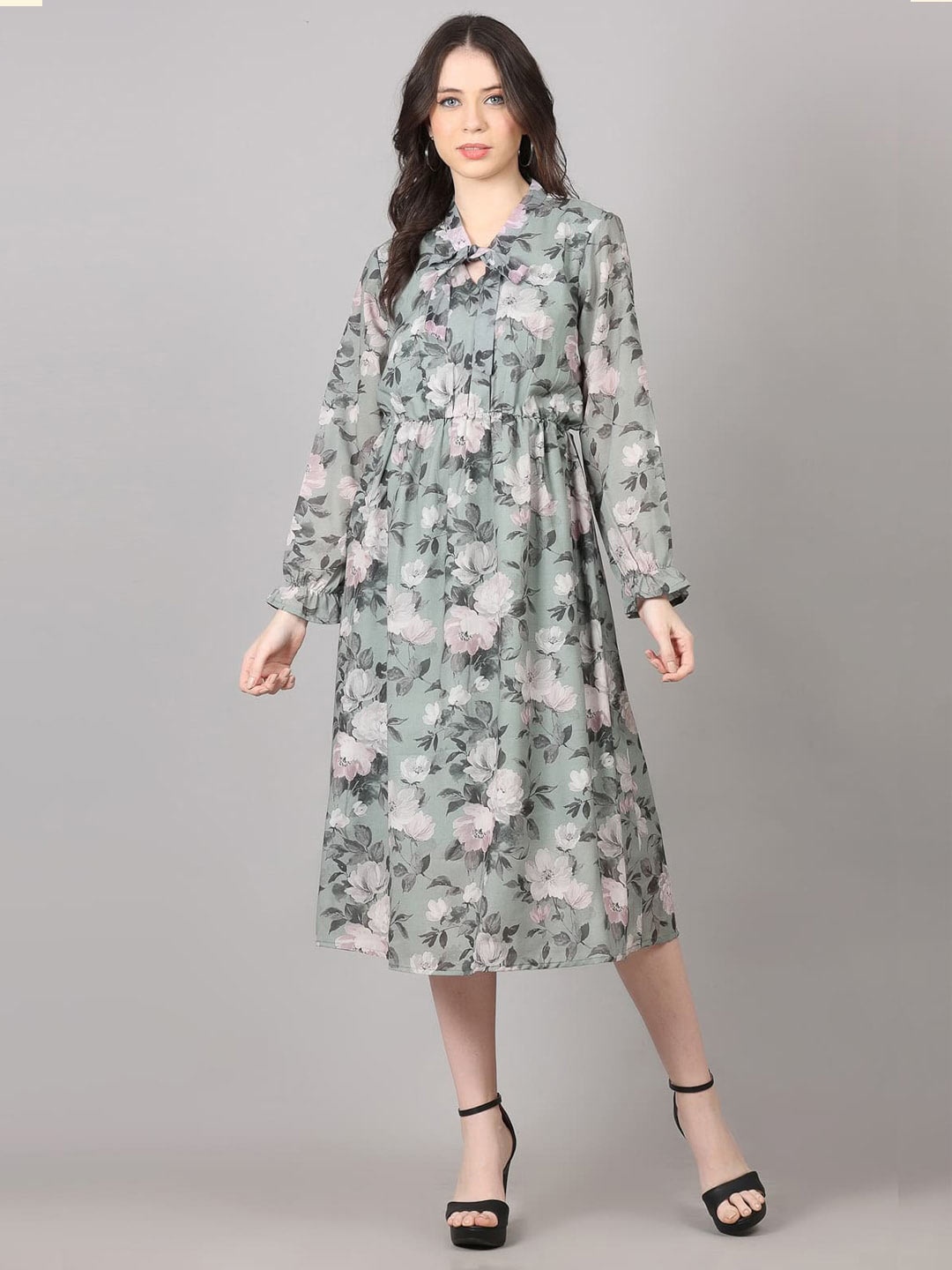

pinfit Floral Printed Tie-Up Neck Puff Sleeve A-Line Midi Dress, Green