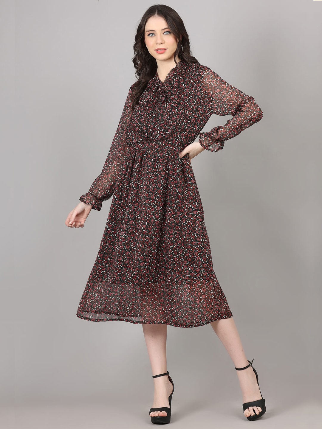 

pinfit Floral Printed Tie-Up Neck Puff Sleeve A-Line Midi Dress, Brown