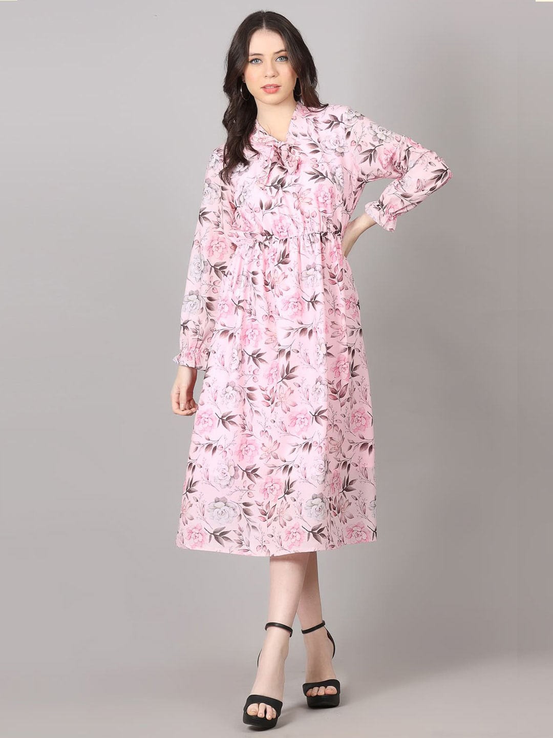 

pinfit Floral Printed Tie-Up Neck Puff Sleeve A-Line Midi Dress, Pink