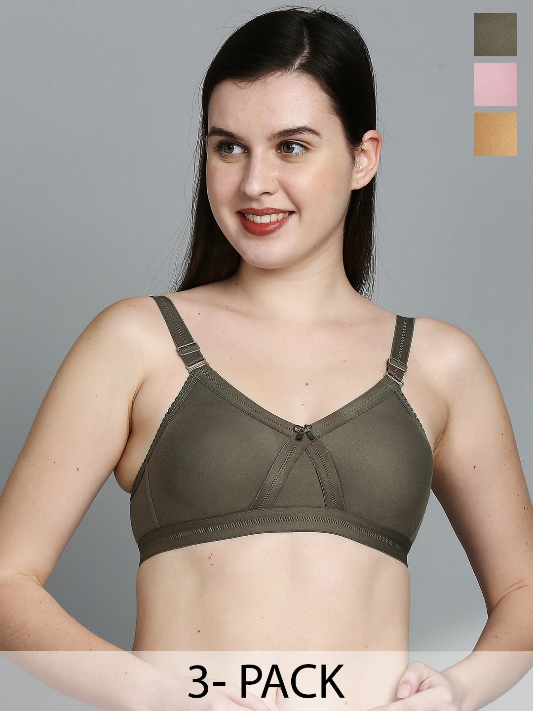 

True Shape Pack of 3 Anti Microbial T-Shirt Bra With Full Coverage Non-Wired Non-Padded, Olive