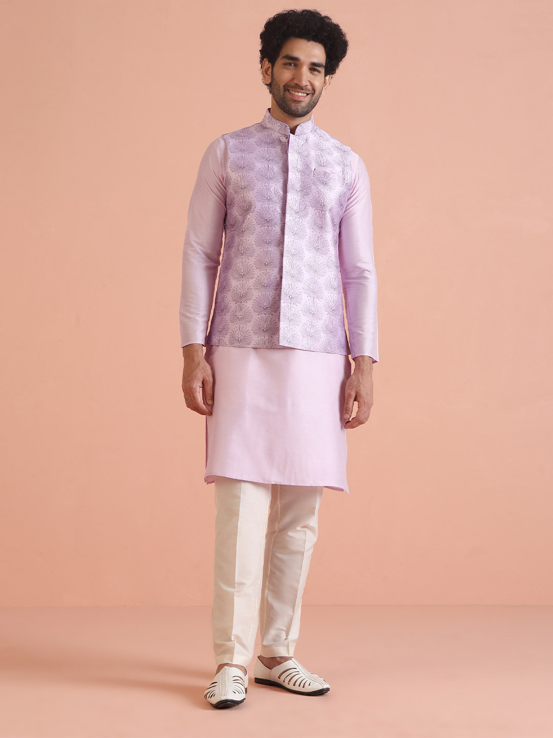 

KISAH Men Embroidered Regular Fit Floral Kurta Jacket Trouser Set, Lavender