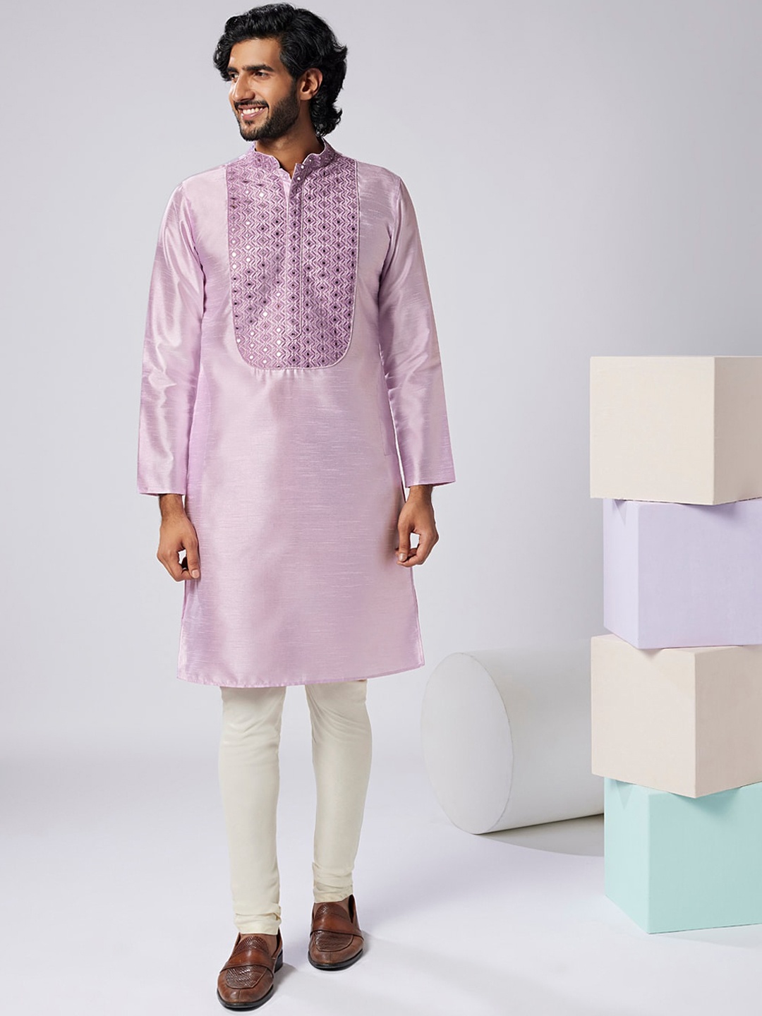 

KISAH Geometric Embroidered Yoke Design Mandarin Collar Mirror Work Kurta with Churidar, Lavender