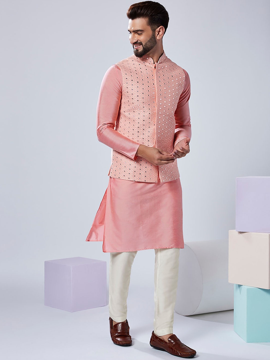 

KISAH Men Regular Fit Embroidered Kurta Jacket Trouser Set, Pink