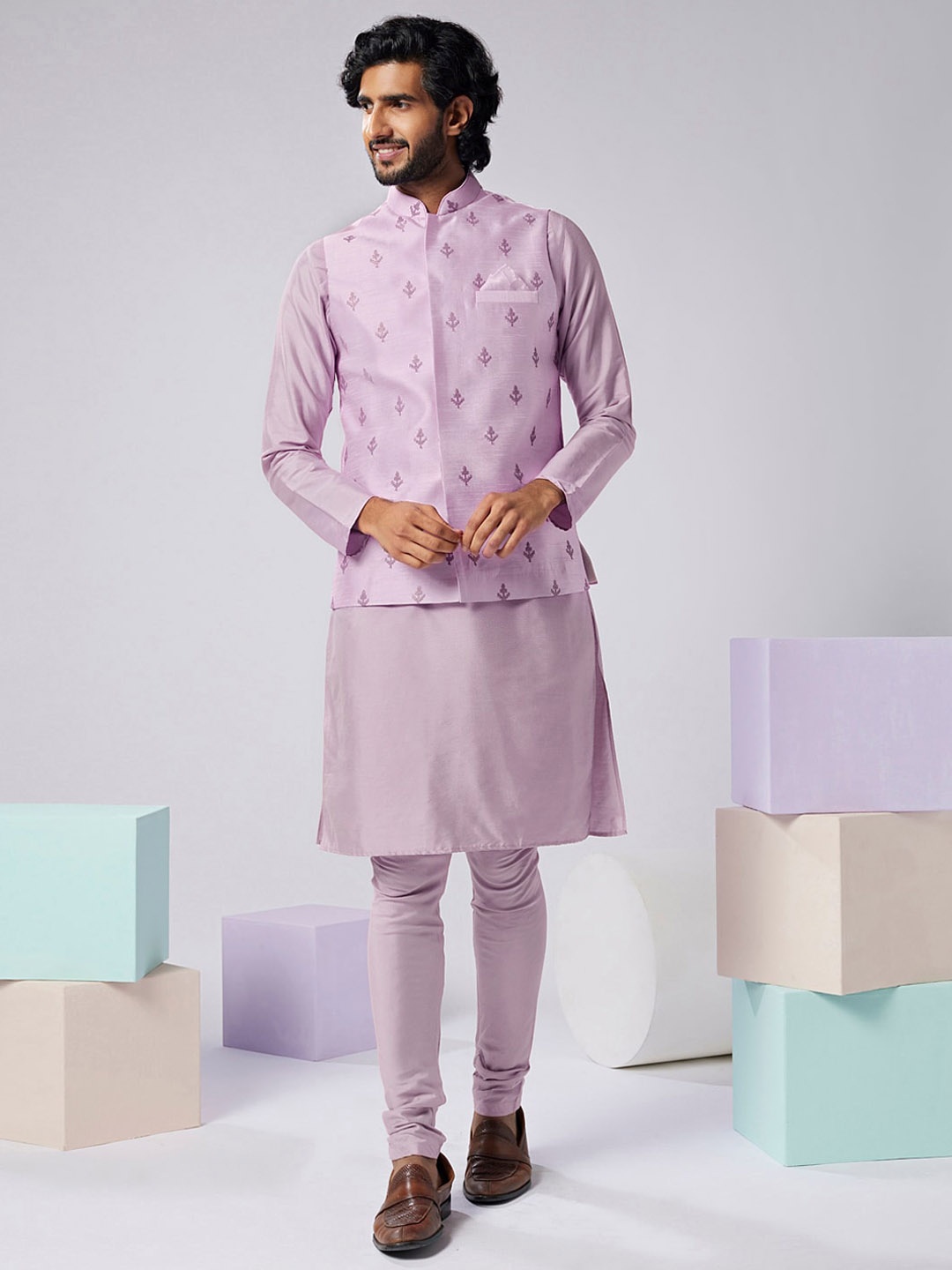 

KISAH Mandarin Collar Kurta With Churidar & Embroidered Nehru Jacket, Lavender