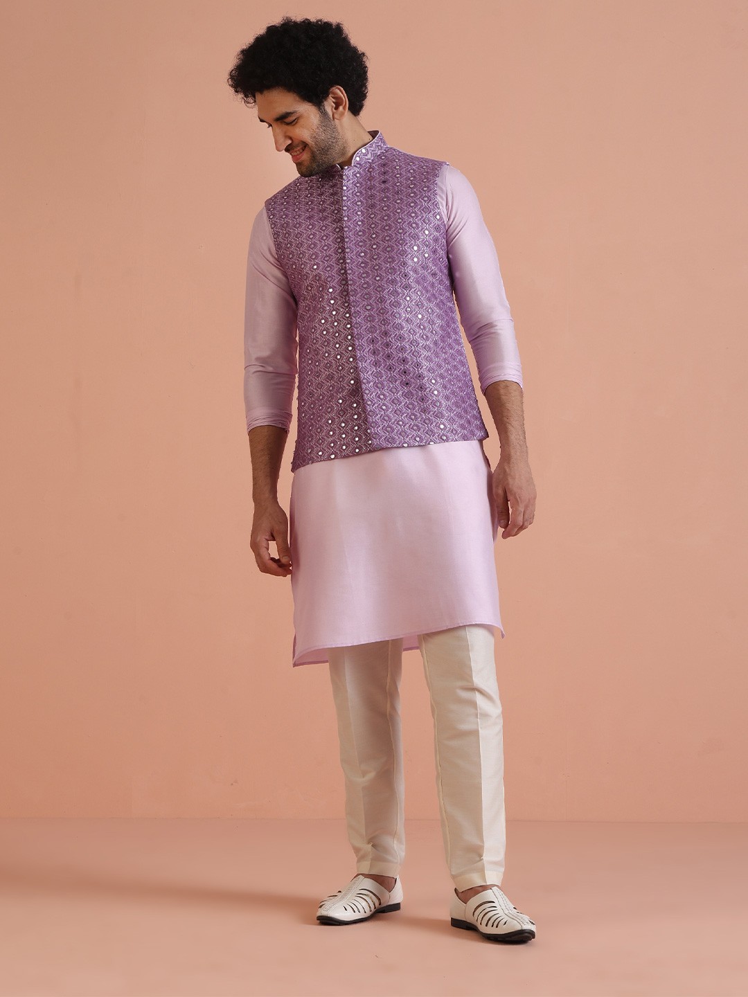 

KISAH Men Embroidered Regular Fit Mirror Work Kurta Jacket Trouser Set, Lavender
