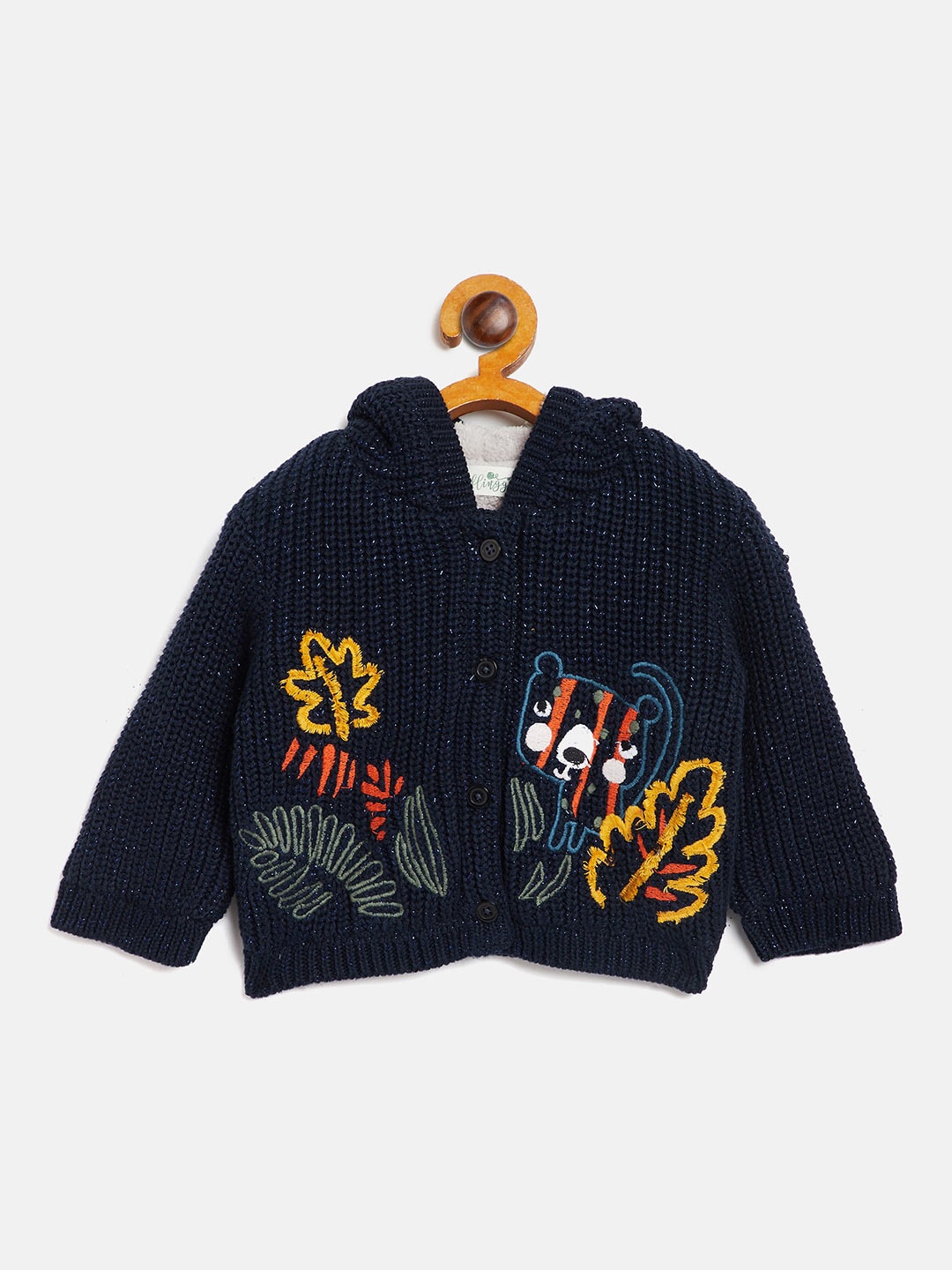 

Wildlinggs Infants Embroidered Pure Cotton Cardigan With Embroidered Detail Sweater, Navy blue