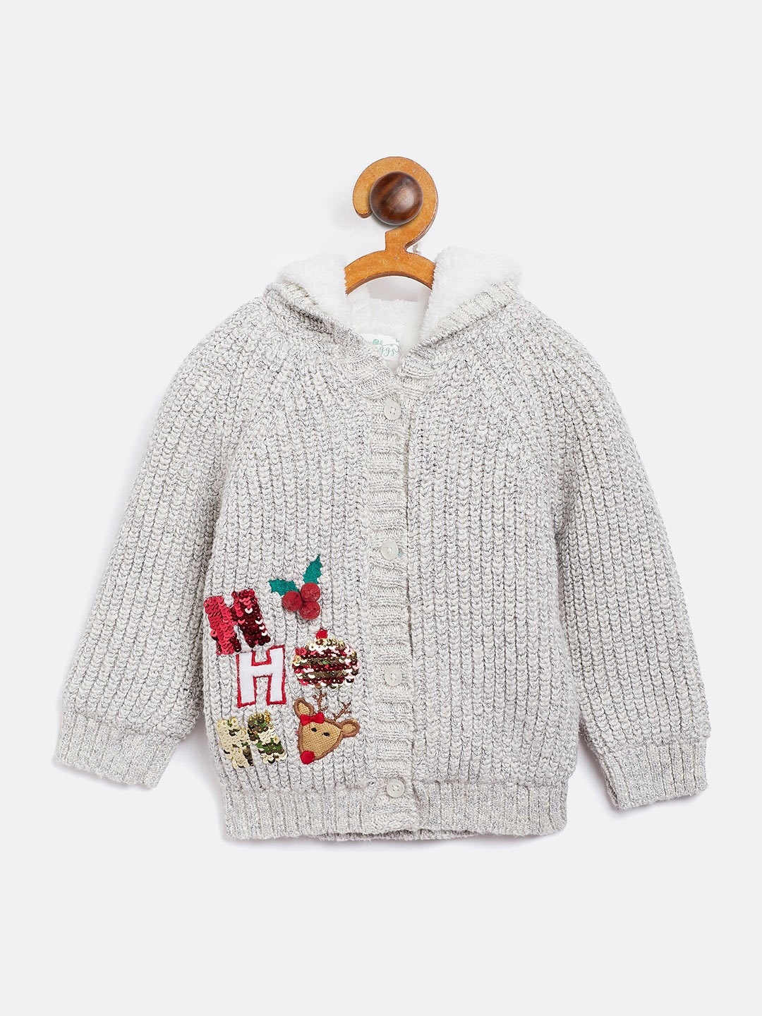 

Wildlinggs Infants Ribbed Pure Cotton Hooded Cardigan With Embroidered Detail, Grey
