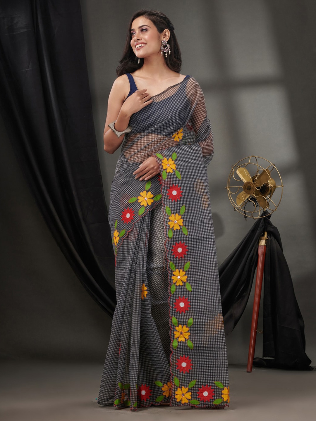 

Charukriti Checked Embroidered Silk Blend Kota Saree, Black