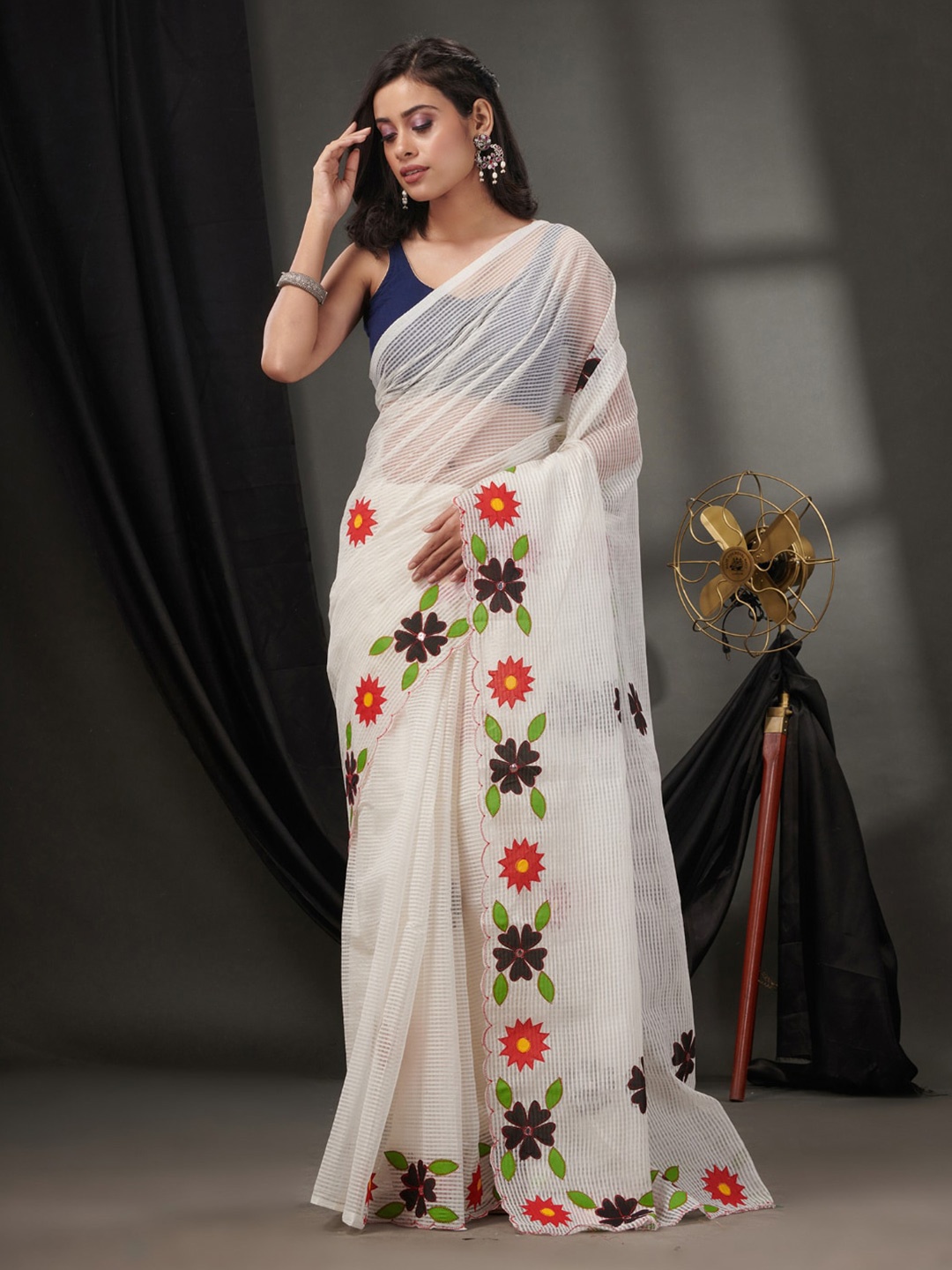 

Charukriti Checked Embroidered Kota Saree, White