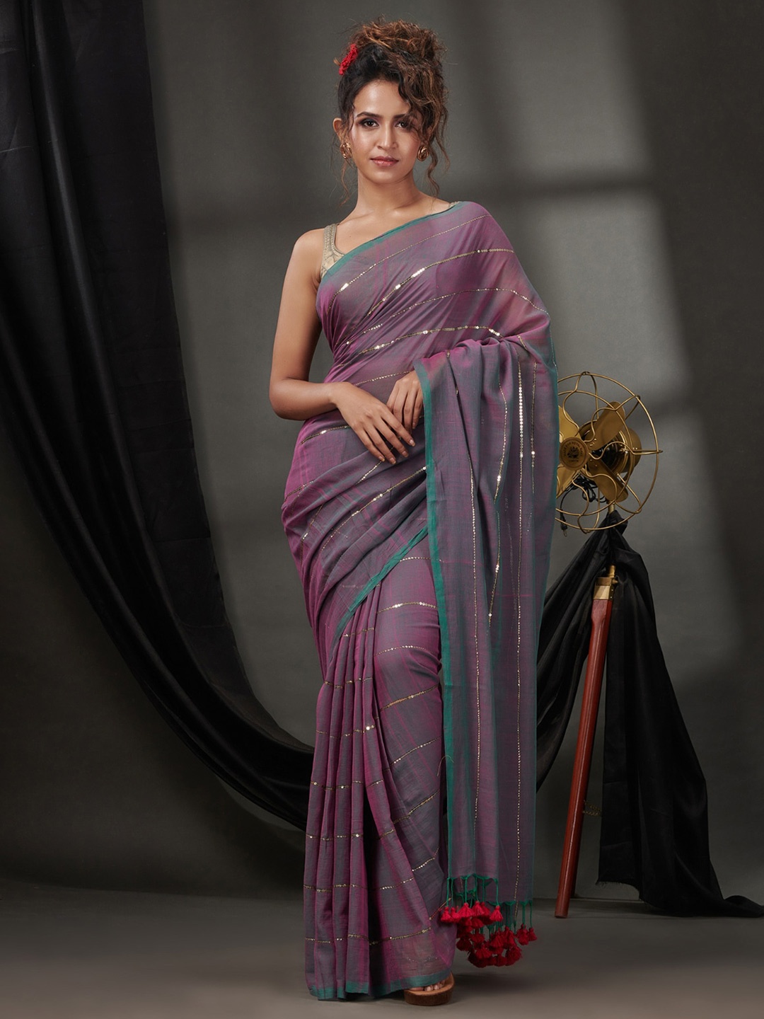 

Charukriti Embellished Sequinned Pure Cotton Saree, Teal