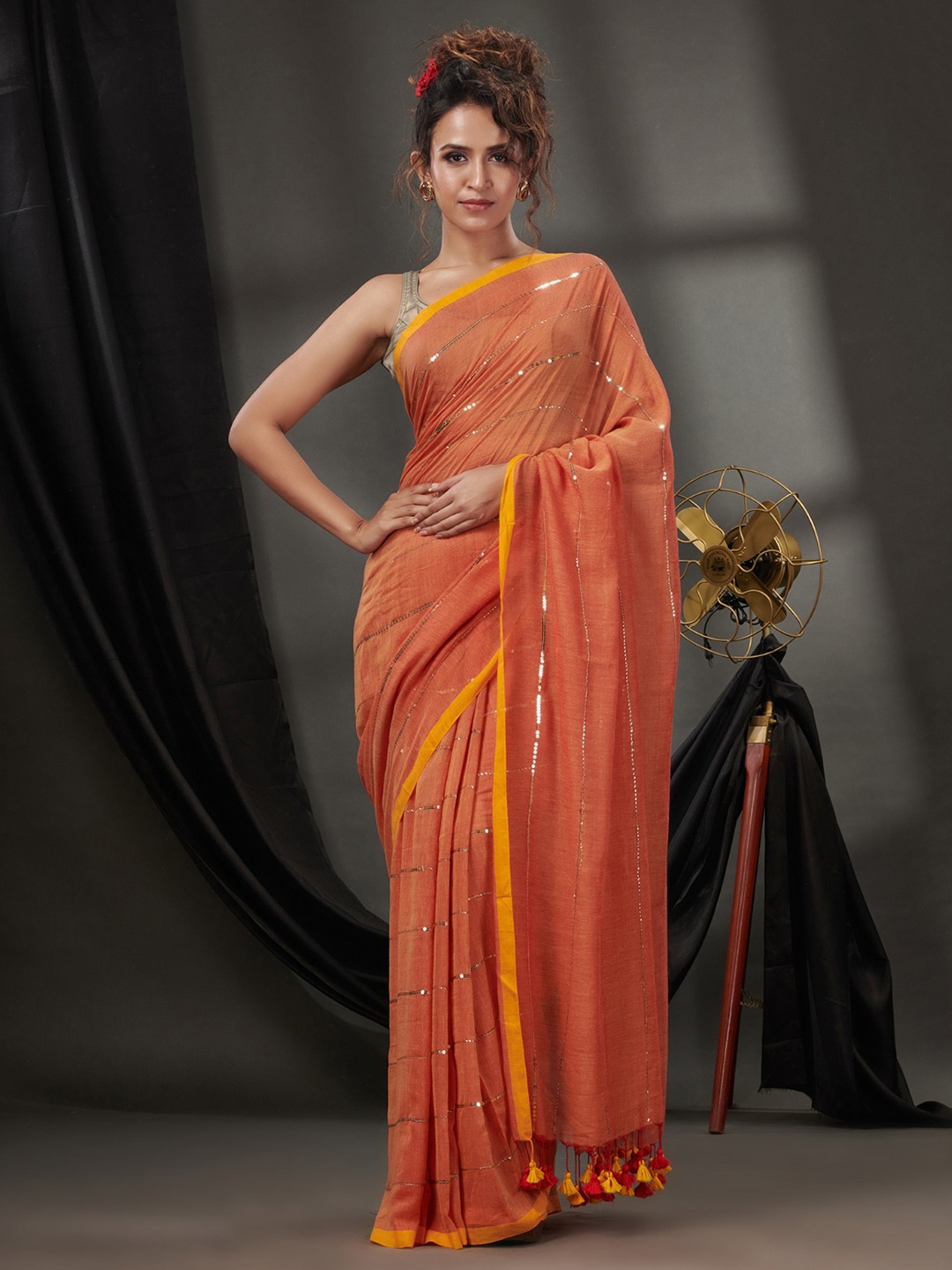 

Charukriti Embellished Sequinned Pure Cotton Saree, Orange