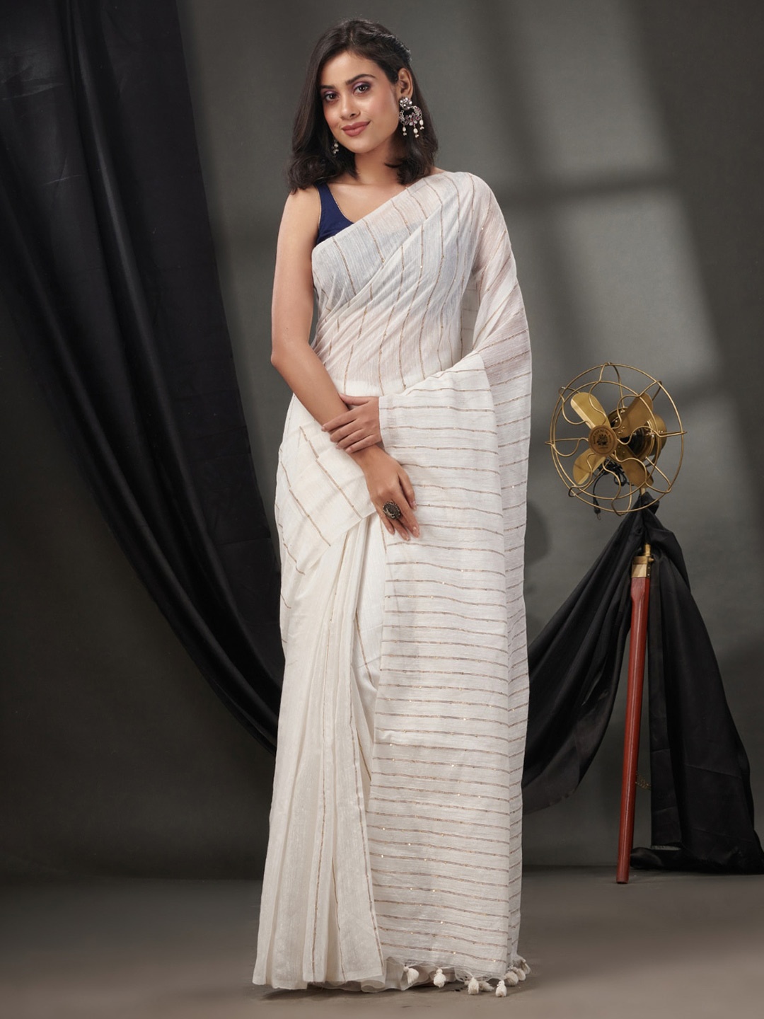 

Charukriti Striped Sequinned Pure Silk Saree, White