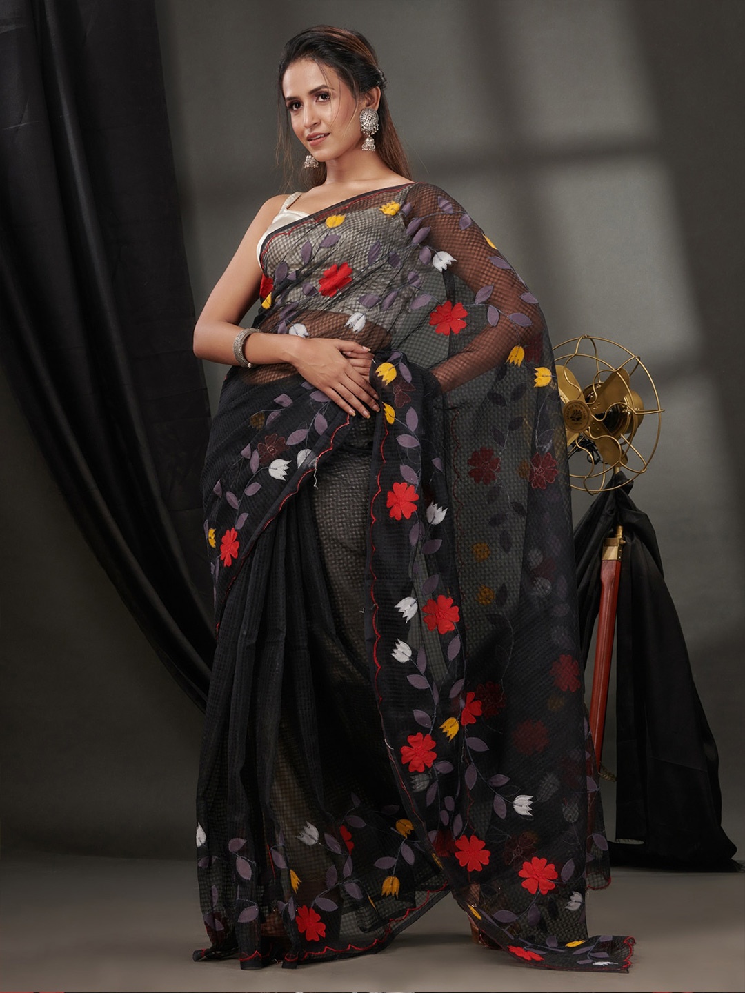 

Charukriti Floral Applique Kota Saree, Black