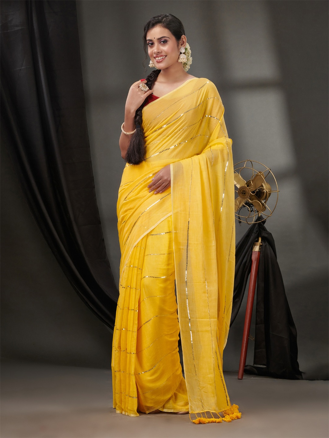 

Charukriti Embellished Sequinned Pure Cotton Saree, Yellow