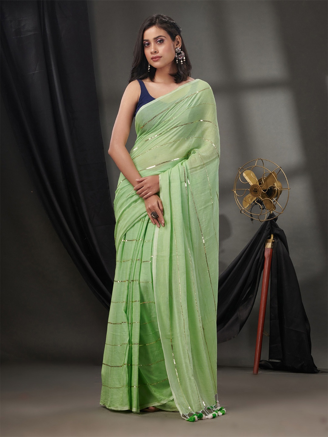 

Charukriti Striped Sequinned Pure Cotton Saree, Green