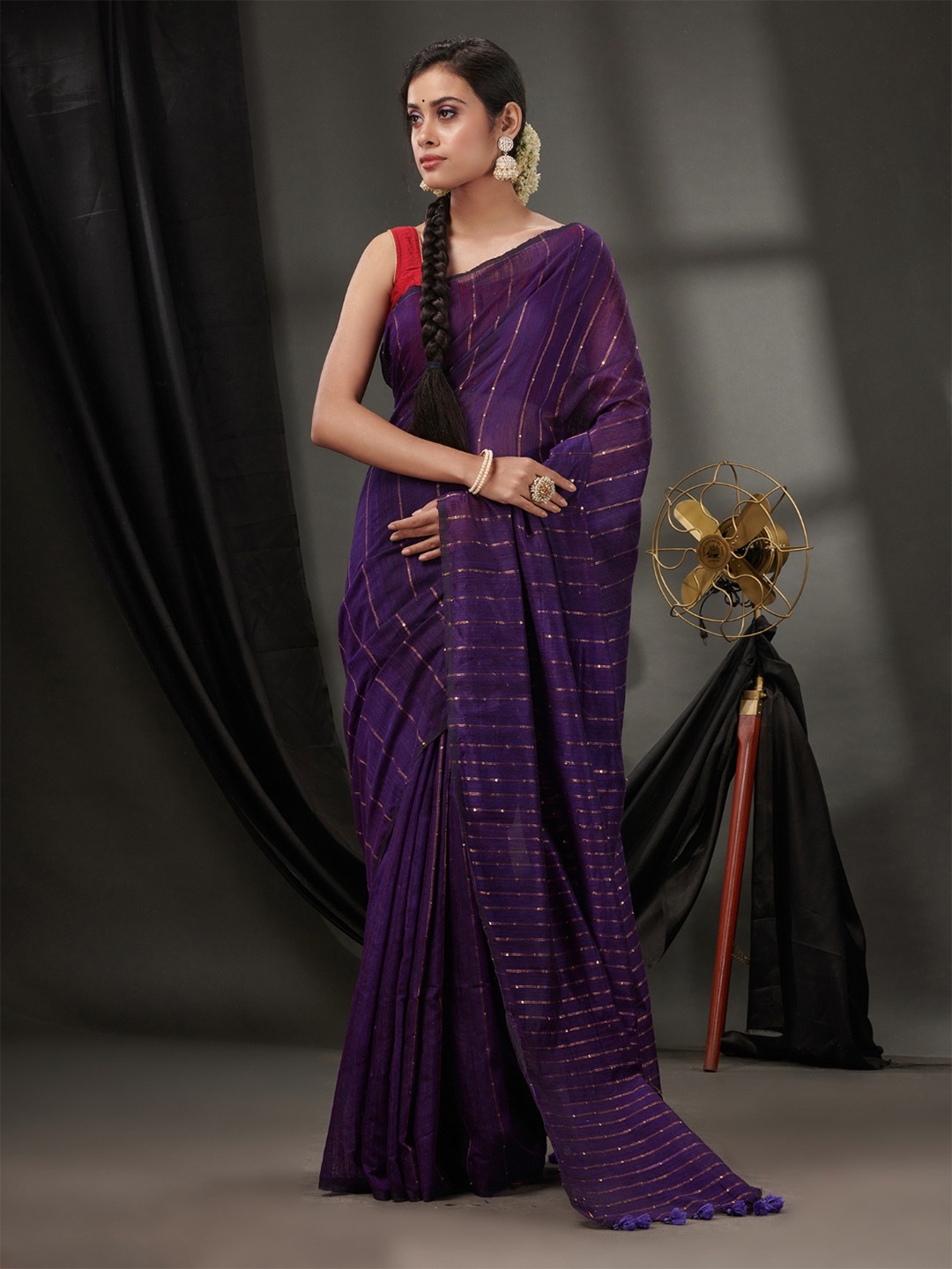 

Charukriti Striped Sequinned Pure Silk Saree, Purple