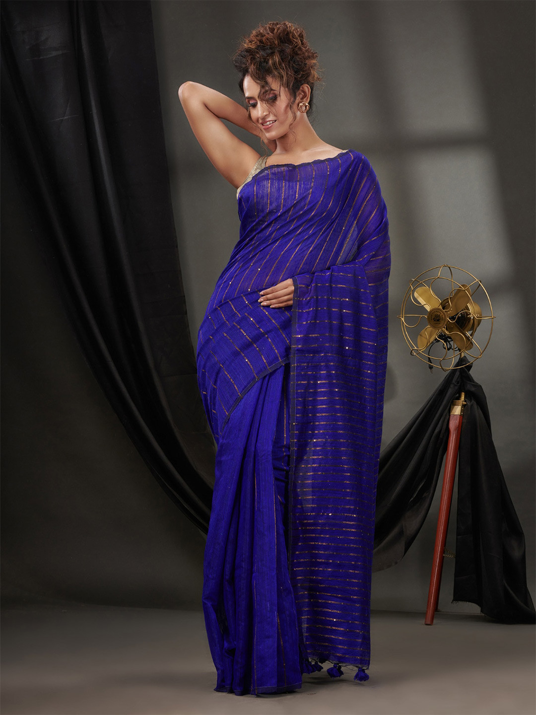 

Charukriti Striped Sequinned Pure Silk Saree, Blue