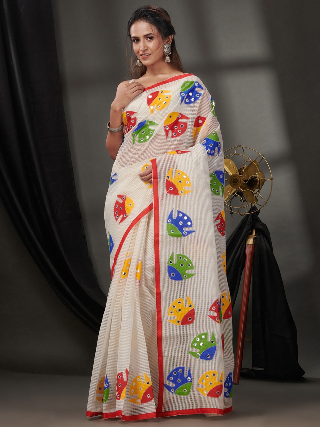 

Charukriti Ethnic Motifs Embroidered Mirror Work Detailed Kota Saree, White