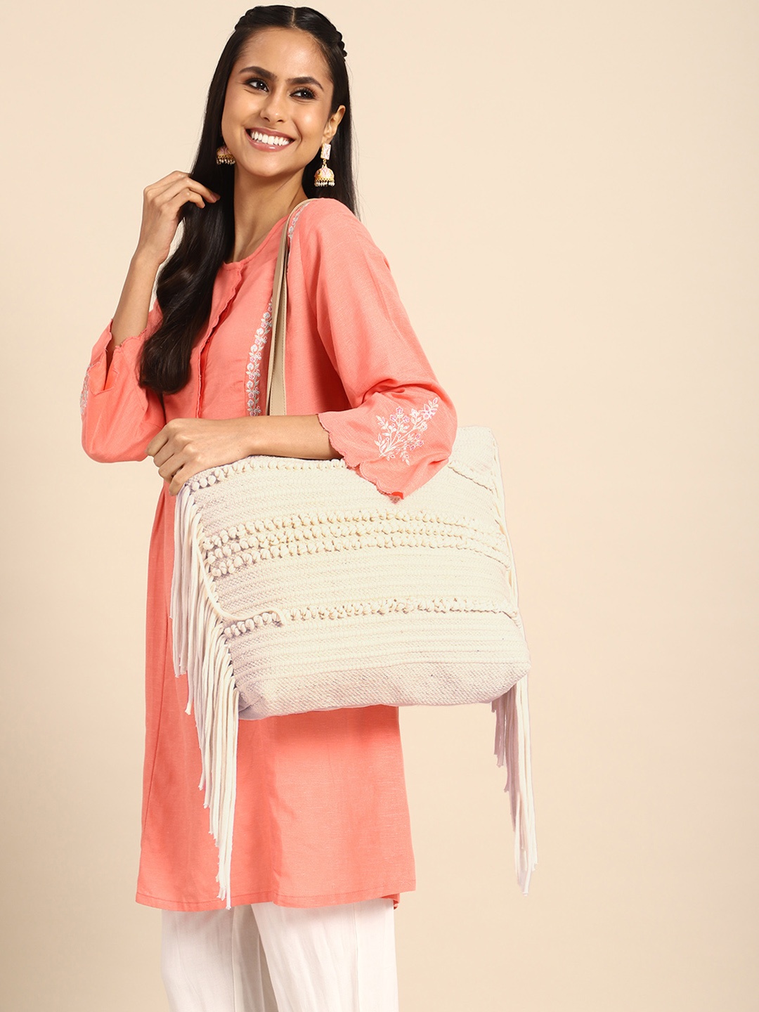 

Anouk Self Design Embroidered Oversized Structured Tote Bag, Off white