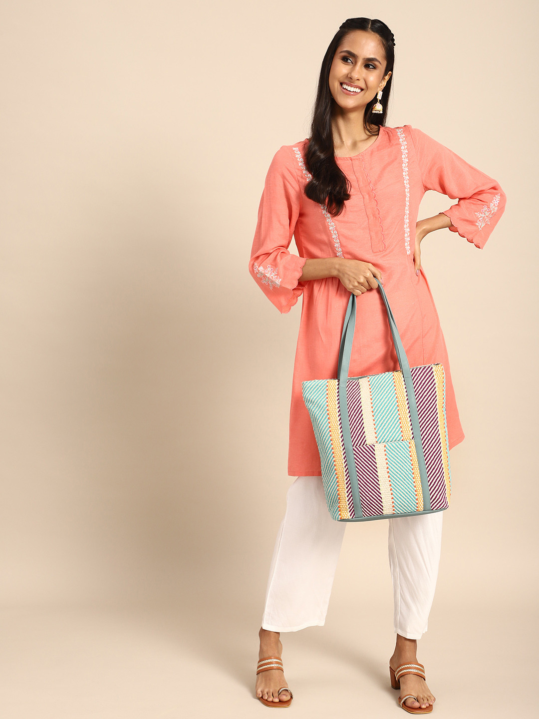 

Anouk Striped Oversized Shopper Tote Bag, Teal