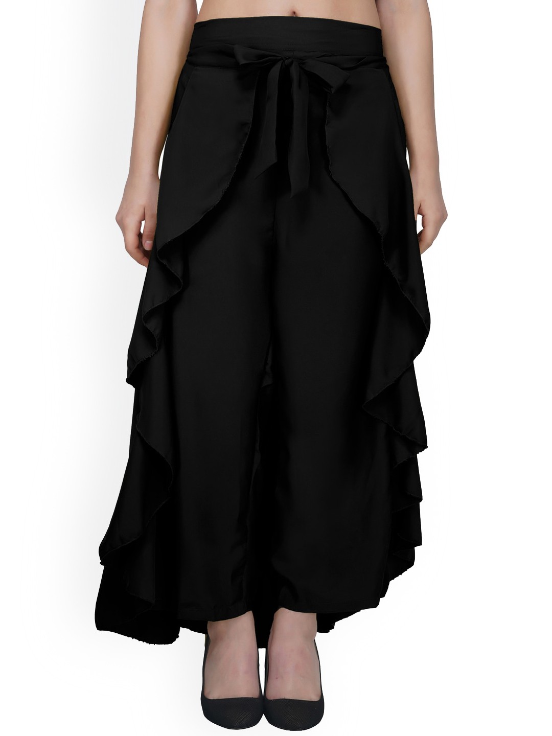 

VAHSON Ruffle Maxi Wrap Pant Skirt, Black