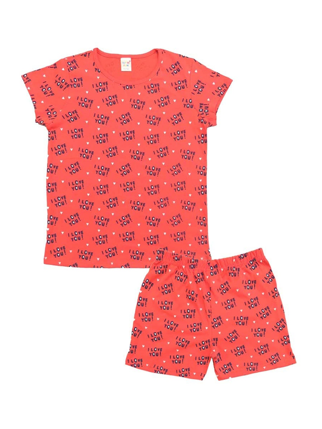 

Clothe Funn Girls Pure Cotton Printed T-shirt with Shorts, Coral