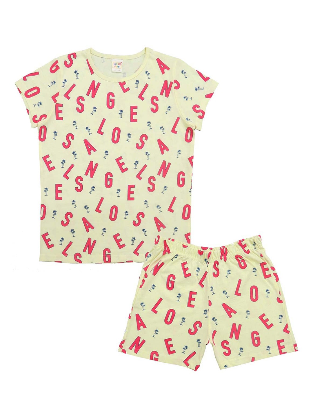 

Clothe Funn Girls Pure Cotton Printed T-shirt with Shorts, Yellow