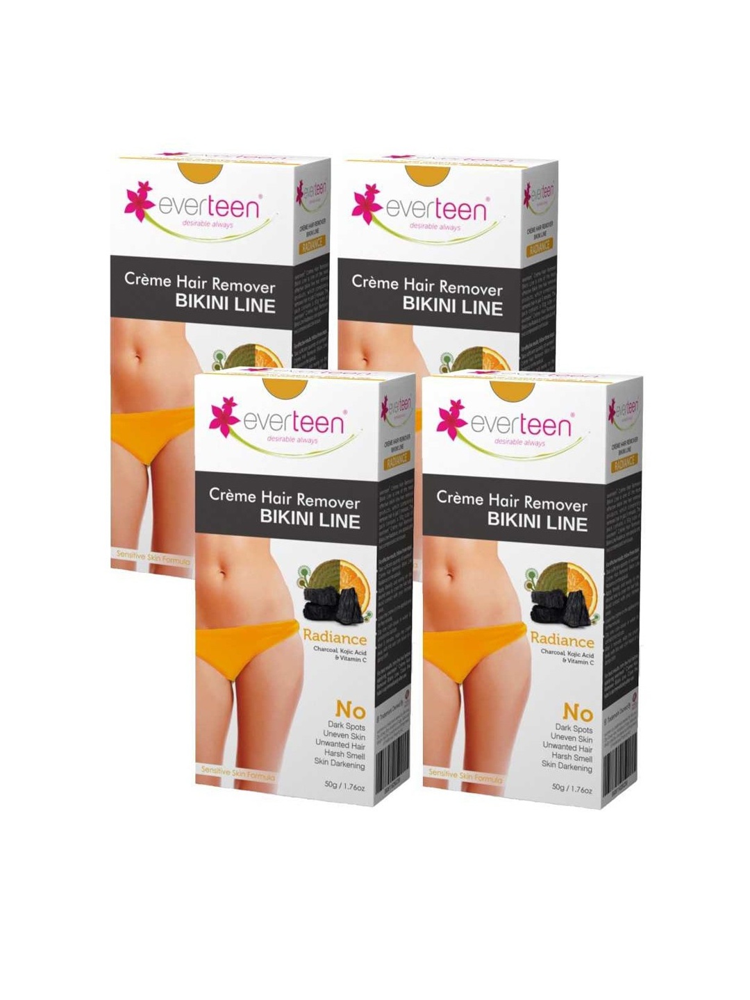 

everteen Set of 4 Bikini Line Hair Remover Creme with Charcoal 50g each - Radiance, White