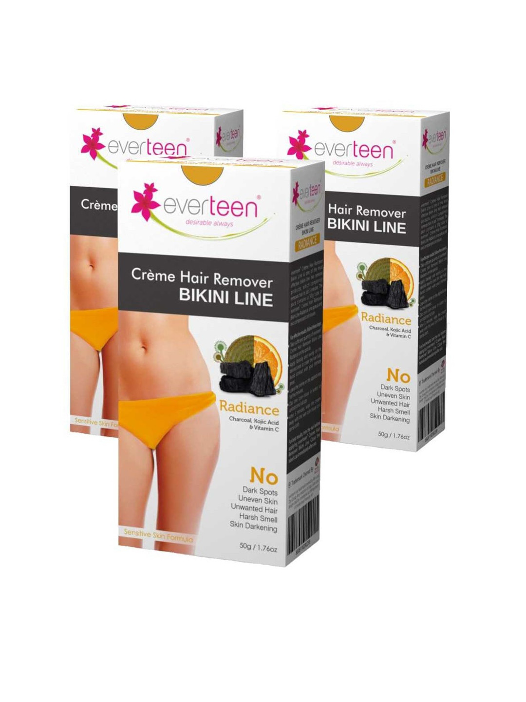 

everteen Set of 3 Bikini Line Hair Remover Creme with Charcoal 50g each - Radiance, White
